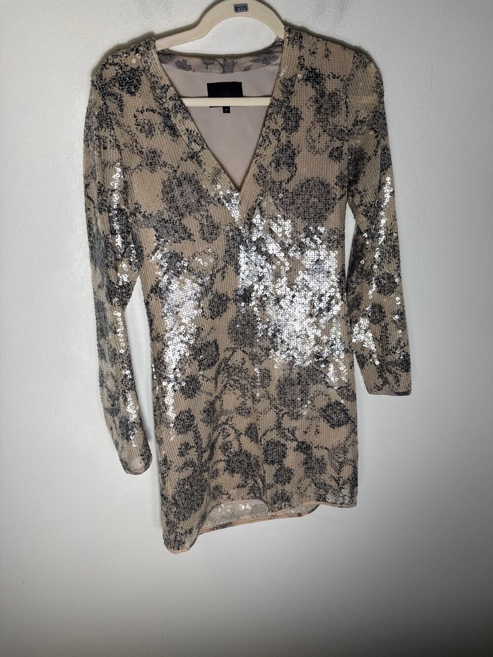 Cynthia Rowley Beige Black Print Long Sleeve V-Neck Mini Dress Sz 4